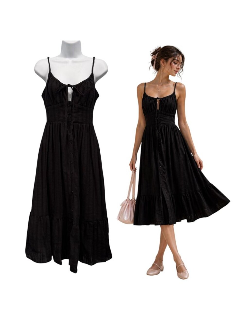 Forever 21 Midi Tiered Lined Dress‎ Black Smocked Boho Milkmaid Y2K Size XS NEW